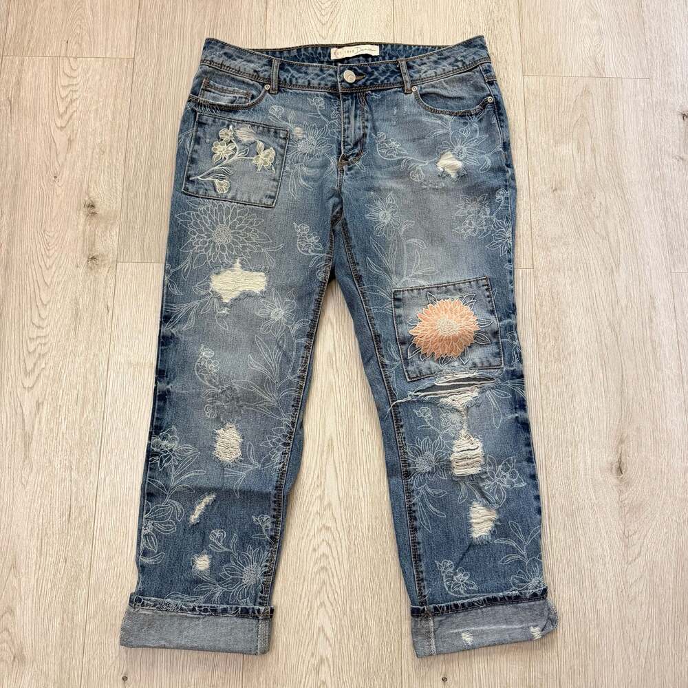 Est. 1946 Denim Embroidered Distressed Cropped Jeans